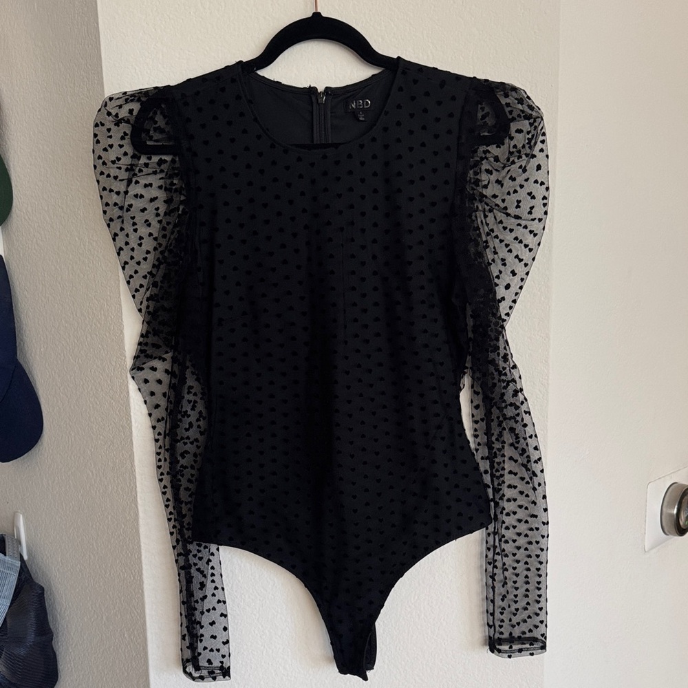 NBD Black Polka Dot Sheer Sleeve Bodysuit